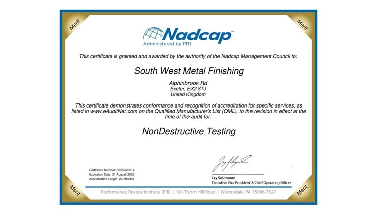 South West Metal Finishing Ltd obtains NADCAP Merit Status, again!